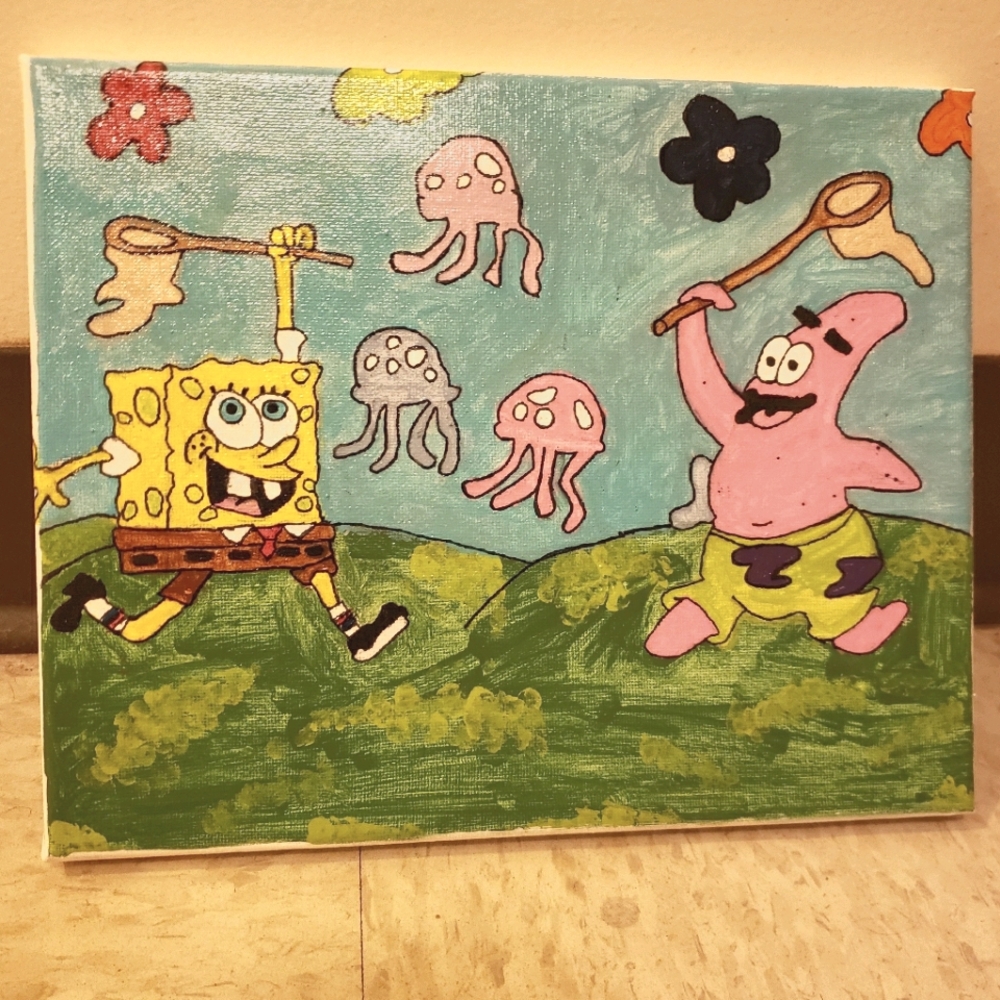 A painted spongebob and Patrick cartoon canvas